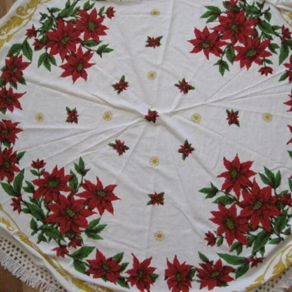 Round Tablecloth Christmas Poinsettia White 61x62